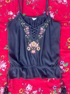 Aeropostale Navy Embroidered Lace-Up Floral Cami